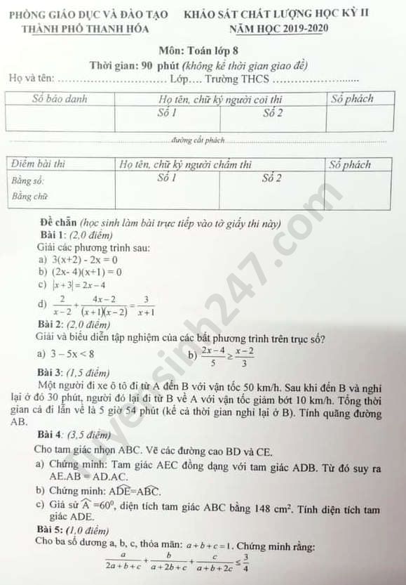 Đề thi học kì 2 TP Thanh Hóa năm 2020 môn Toán lớp 8 