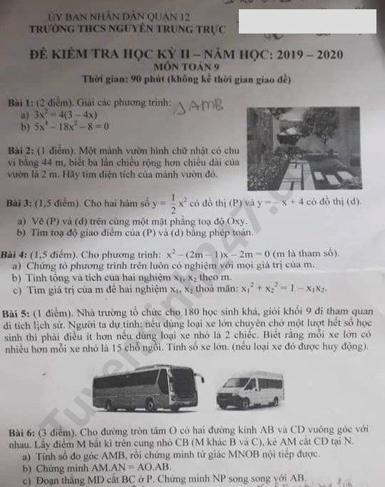Đề thi học kì 2 môn Toán lớp 9 THCS Nguyễn Trung Trực năm 2020 