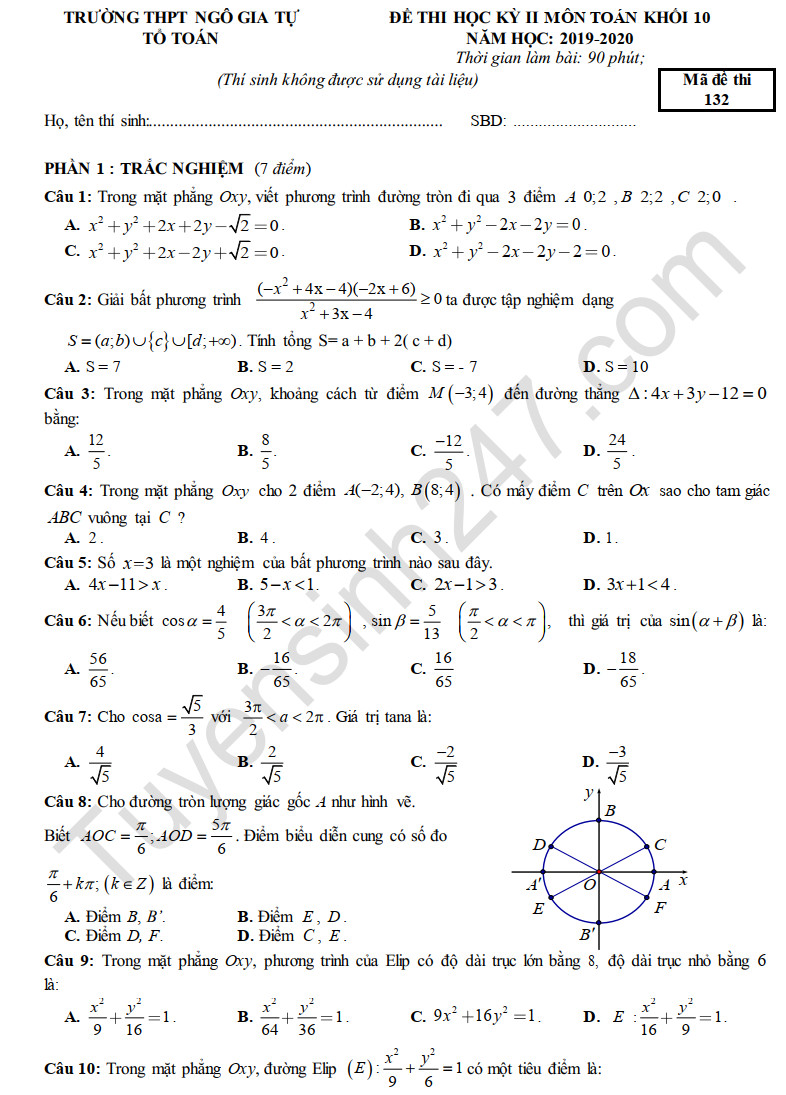Đề thi học kì 2 môn Toán lớp 10 THPT Ngô Gia Tự năm 2020