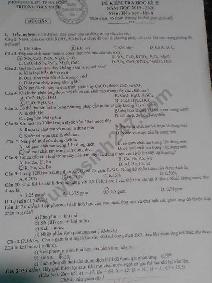 Đề kiểm tra kì 2 môn Hóa lớp 8 - THCS Trới 2020