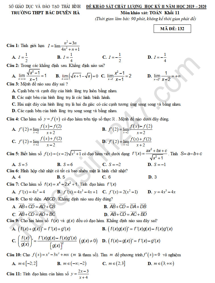 Đề thi học kì 2 năm 2020 môn Toán lớp 11 THPT Bắc Duyên Hà