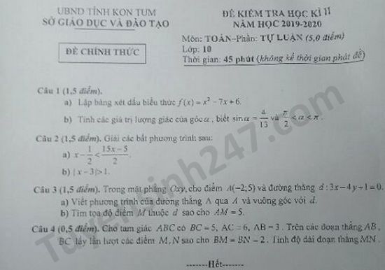 Đề thi học kì 2 môn Toán lớp 10 tỉnh Kon Tum năm 2020 