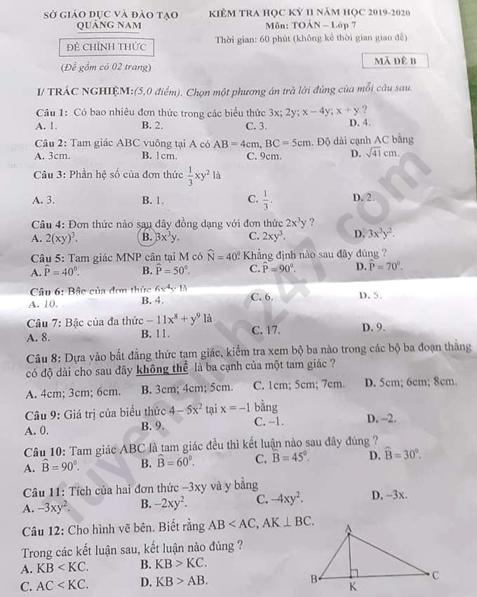 Đề thi học kì 2 môn Toán lớp 7 tỉnh Quảng Nam năm 2020 
