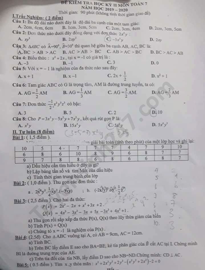 Đề thi học kì 2 năm 2020 môn Toán lớp 7 THCS Yên Sơn 
