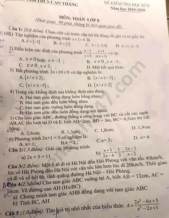 Đề thi học kì 2 năm 2020 môn Toán lớp 8 THCS Cao Thắng 