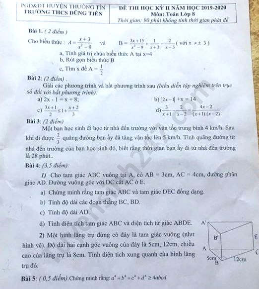 Đề thi học kì 2 THCS Dũng Tiến năm 2020 môn Toán lớp 8