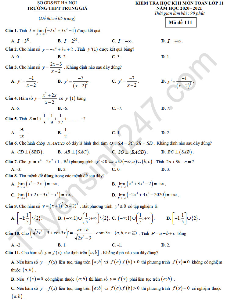Đề thi học kì 2 năm 2020 môn Toán lớp 11 THPT Trung Giã 