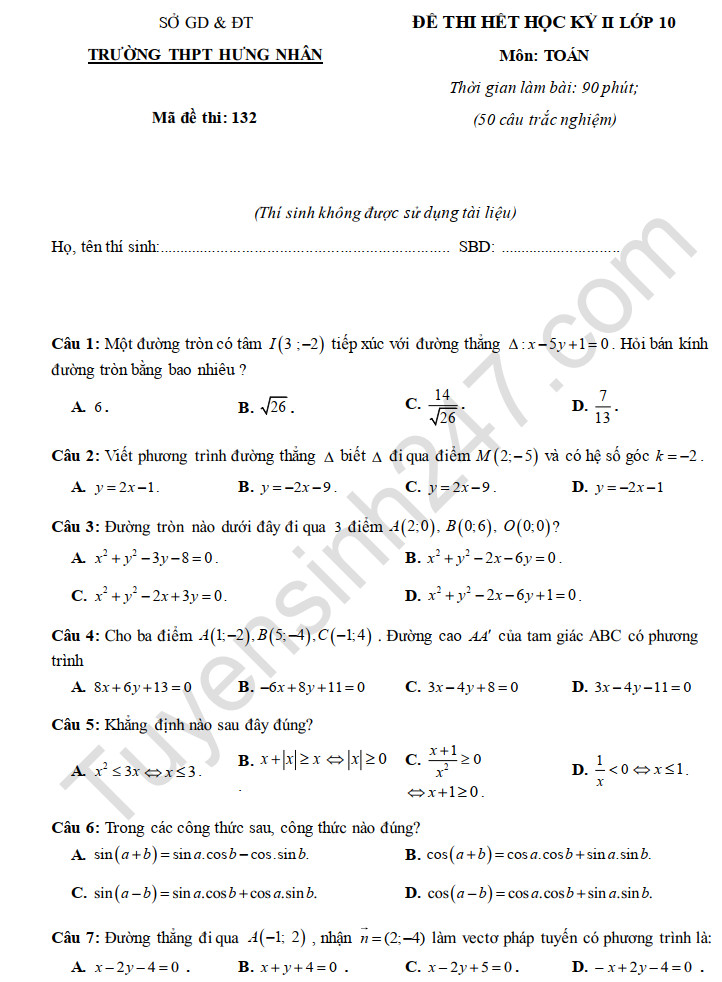 Đề thi học kì 2 môn Toán lớp 10 năm 2020 THPT Hưng Nhân 