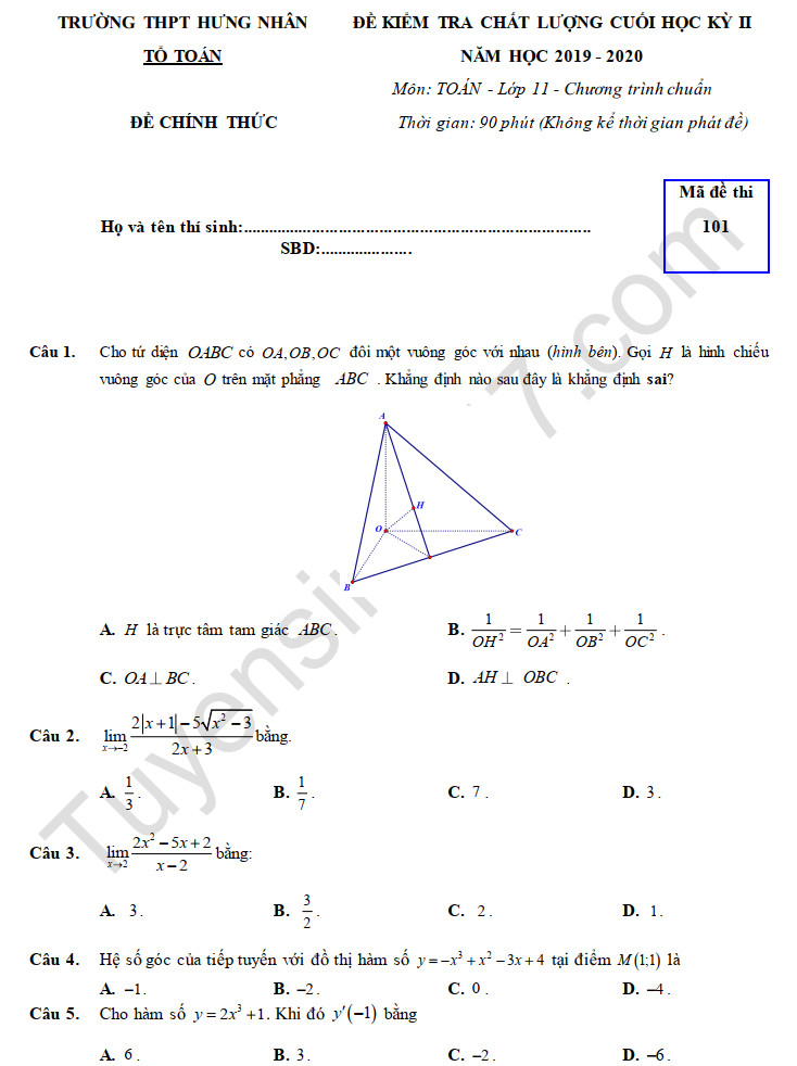 Đề thi học kì 2 lớp 11 năm 2020 môn Toán THPT Hưng Nhân