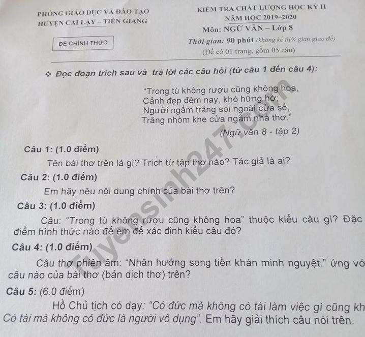 Đề thi kì 2 lớp 8 môn Văn 2020 - Phòng GD Cai Lậy