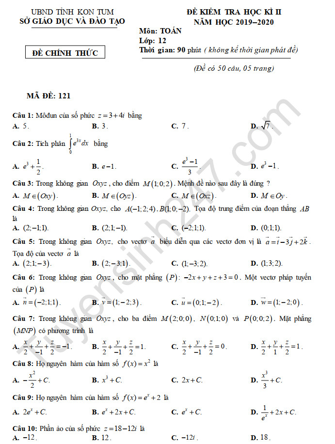 Đề thi học kì 2 năm 2020 môn Toán lớp 12 Sở GD Kon Tum