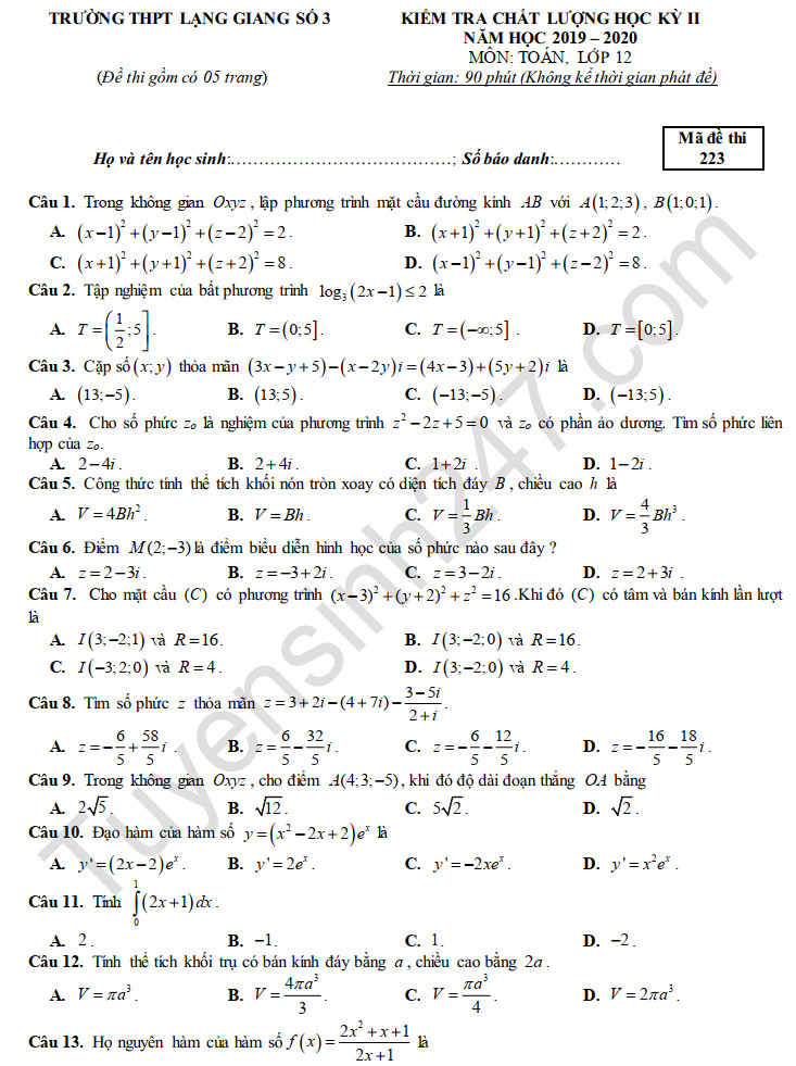 Đề thi học kì 2 THPT Lạng Giang số 3 năm 2020 môn Toán lớp 12