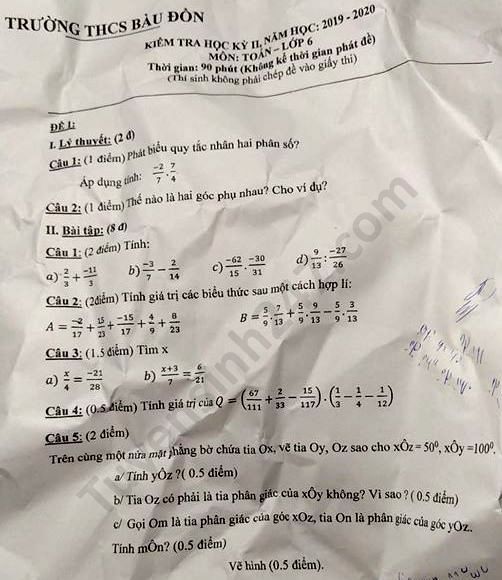 Đề thi học kì 2 môn Toán lớp 6 THCS Bàu Đồn năm 2020