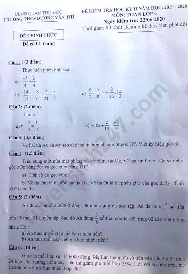 Đề thi học kì 2 năm 2020 THCS Dương Văn Thì môn Toán lớp 6