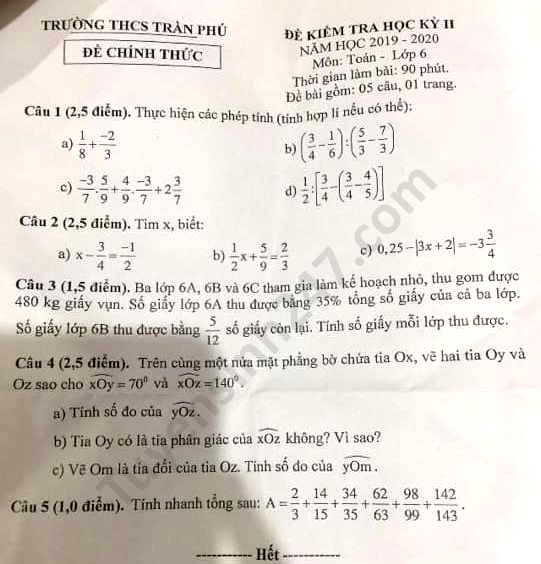 Đề thi học kì 2 THCS Trần Phú năm 2020 môn Toán lớp 6 