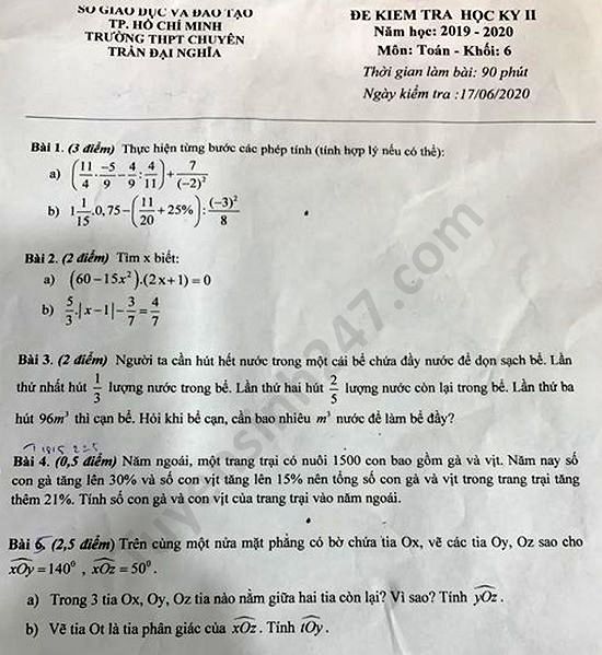 Đề thi học kì 2 môn Toán lớp 6 THPT chuyên Trần Đại Nghĩa 2020 