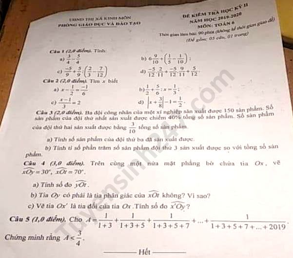 Đề thi học kì 2 môn Toán lớp 6 TX Kinh Môn năm 2020