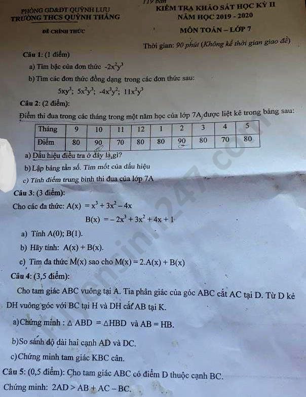 Đề thi học kì 2 năm 2020 THCS Quỳnh Thắng môn Văn lớp 7 