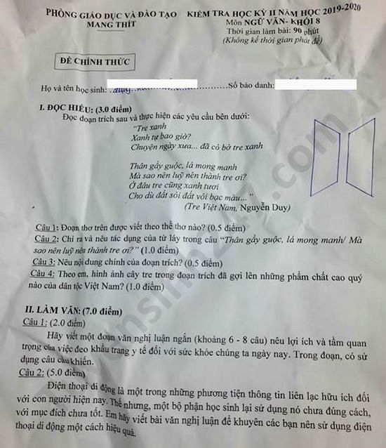 Đề thi học kì 2 năm 2020 môn Văn lớp 8 Phòng GD Mang Thít