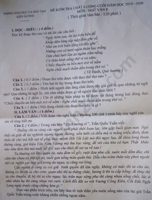 Đề thi học kì 2 môn Văn lớp 8 Phòng GD Kiến Xương năm 2020