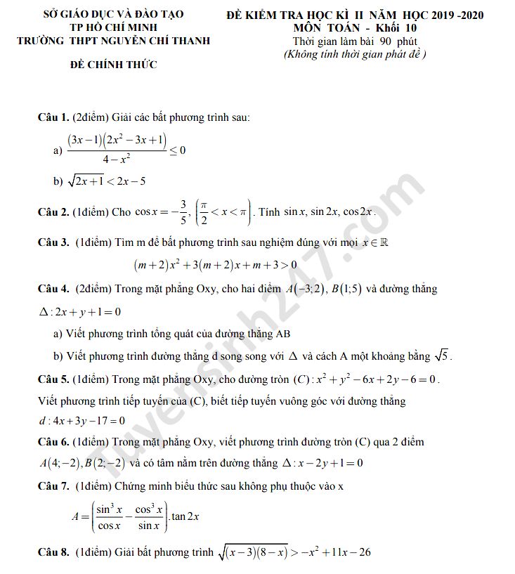 Đề thi học kì 2 năm 2020 THPT Nguyễn Chí Thanh môn Toán lớp 10