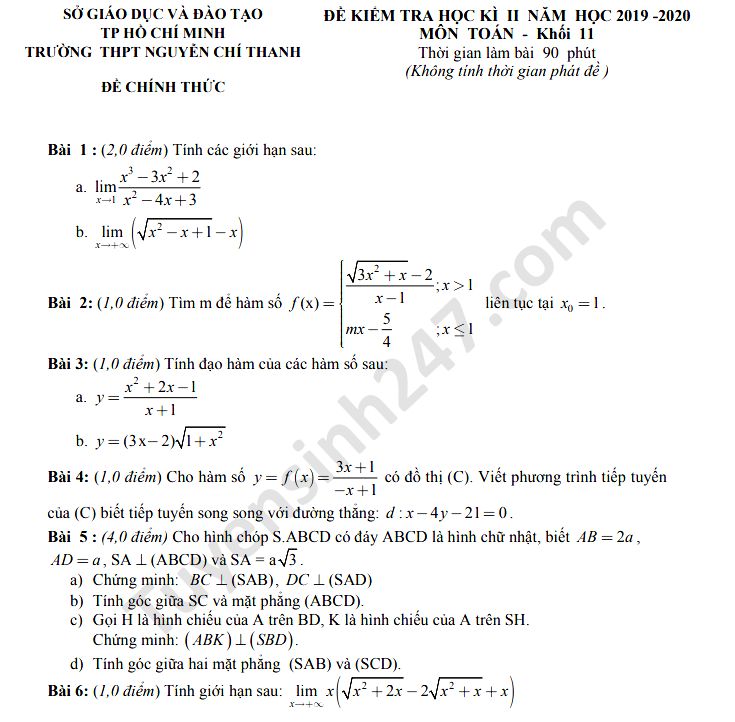 Đề thi học kì 2 môn Toán lớp 11 THPT Nguyễn Chí Thanh năm 2020