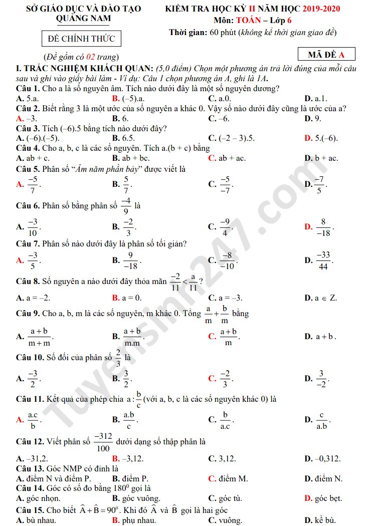 Đề thi học kì 2 năm 2020 Sở GD Quảng Nam môn Toán lớp 6