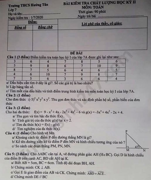 Đề thi học kì 2 THCS Hướng Tân môn Toán lớp 7 năm 2020 