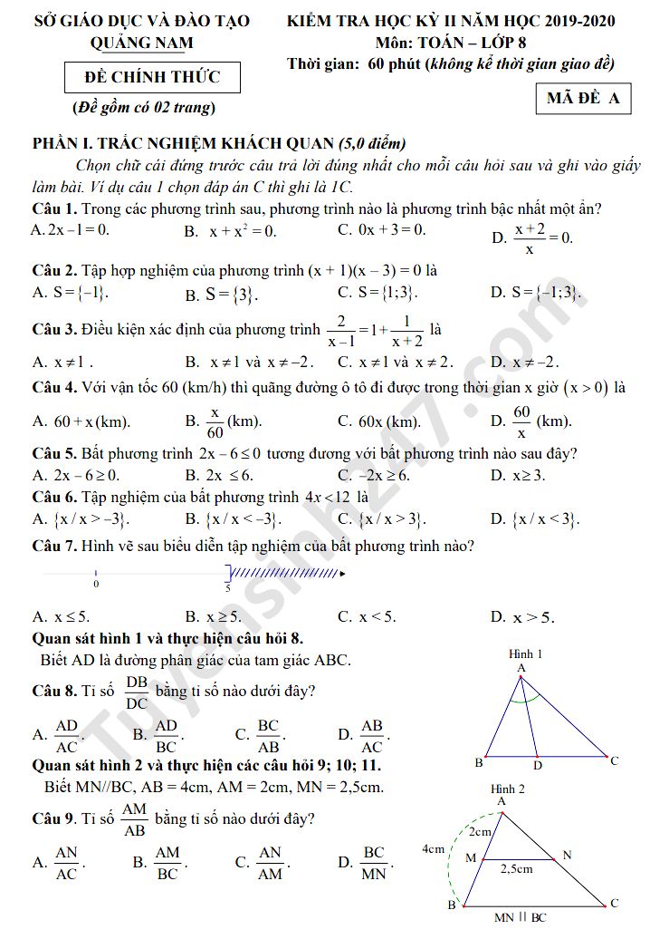 Đề thi học kì 2 năm 2020 môn Toán lớp 8 tỉnh Quảng Nam 