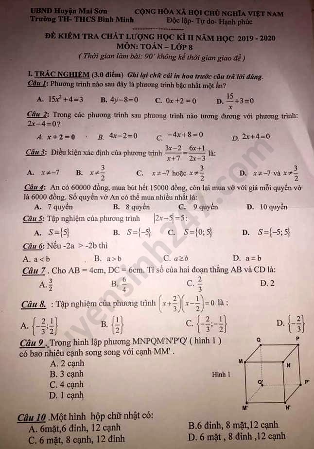 Đề thi học kì 2 năm 2020 môn Toán lớp 8 TH - THCS Bình Minh 