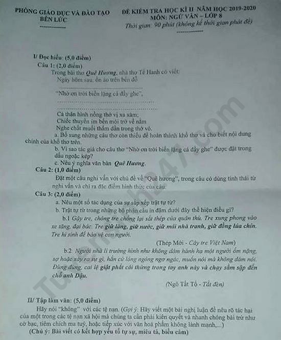 Đề thi học kì 2 năm 2020 môn Văn lớp 8 Phòng GD Bến Lức 