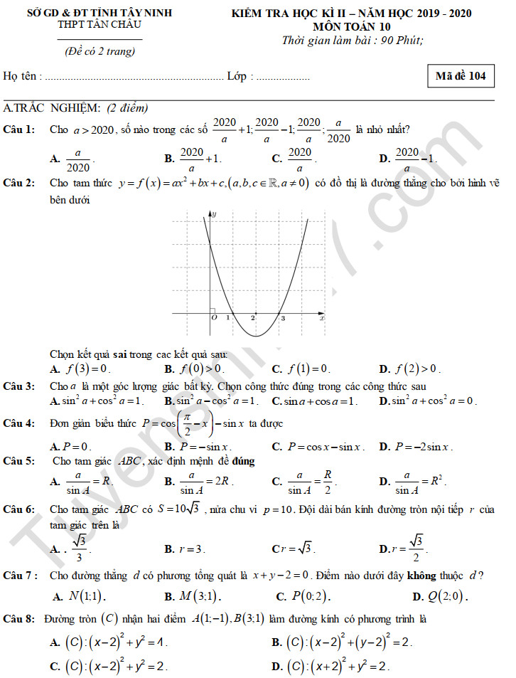 Đề thi học kì 2 môn Toán lớp 10 THPT Tân Châu 