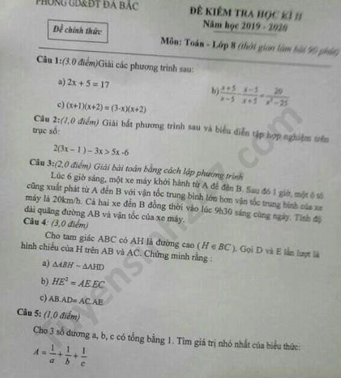 Đề thi học kì 2 Phòng GD Đà Bắc năm 2020 môn Toán lớp 8