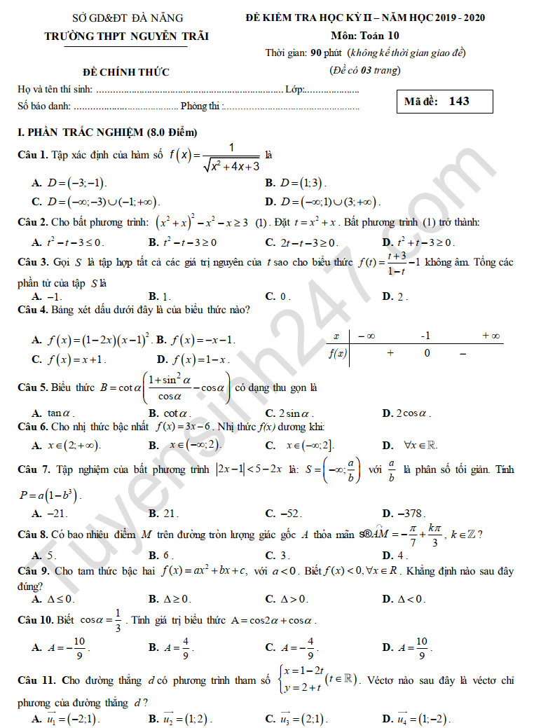 Đề thi học kì 2 môn Toán lớp 10 THPT Nguyễn Trãi năm 2020