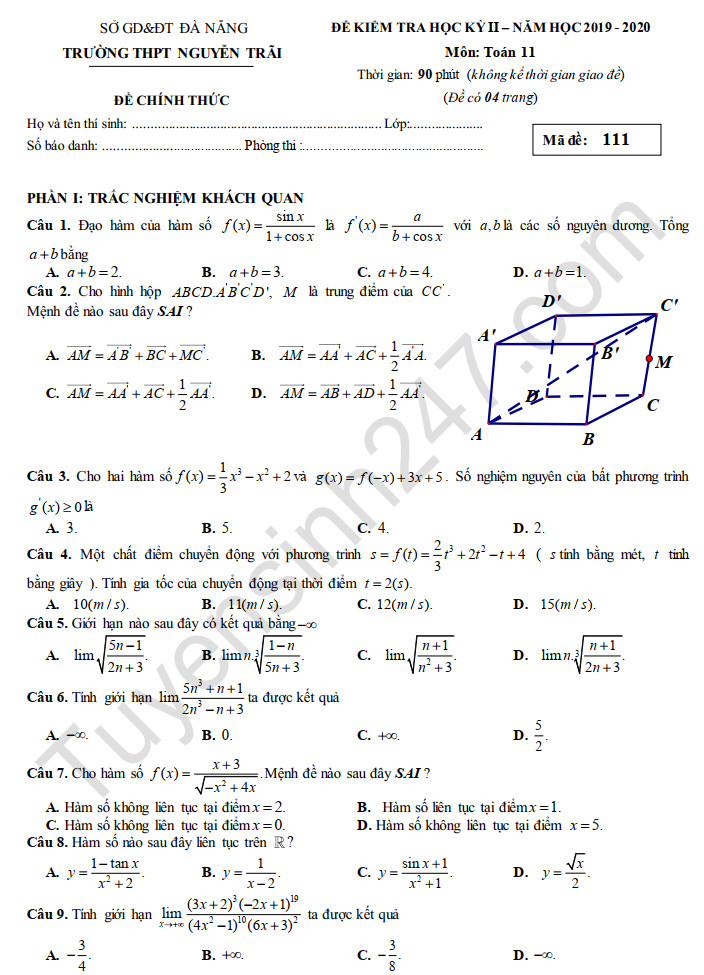 Đề thi học kì 2 lớp 11 môn Toán năm 2020 THPT Nguyễn Trãi