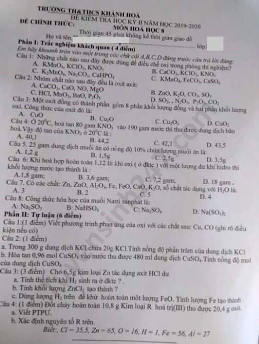 Đề thi học kì 2 môn Hóa lớp 8 TH-THCS Khánh Hòa năm 2020