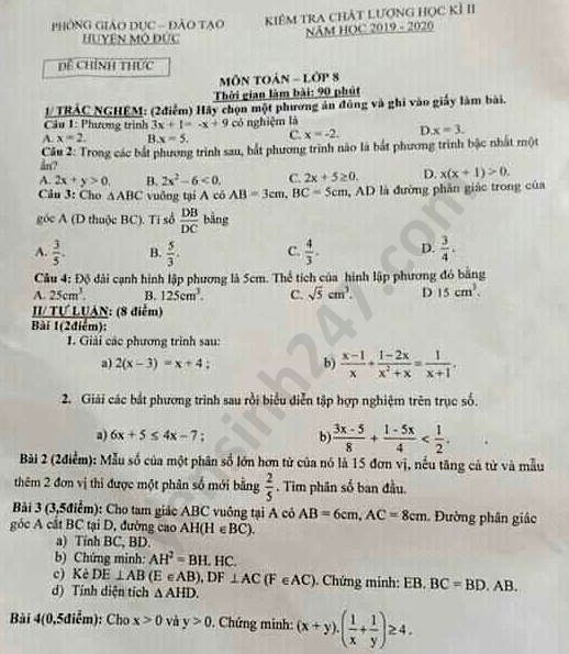 Đề thi học kì 2 năm 2020 Phòng GD Mộ Đức môn Toán lớp 8 