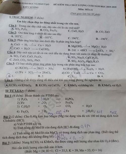 Đề thi học kì 2 môn Hóa lớp 8 Phòng GD Kiên Xương năm 2020 