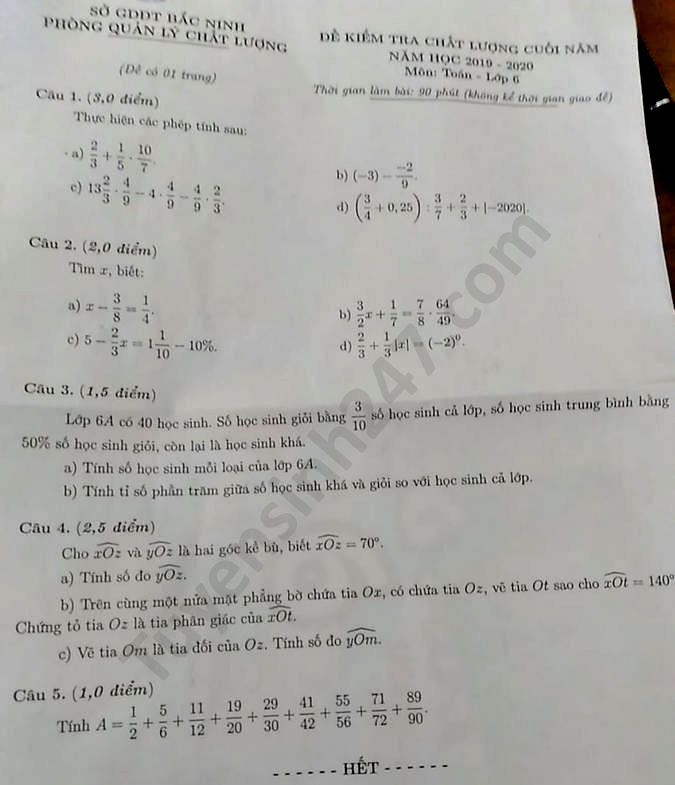Đề thi học kì 2 Toán lớp 6 Sở GD Bắc Ninh năm 2020