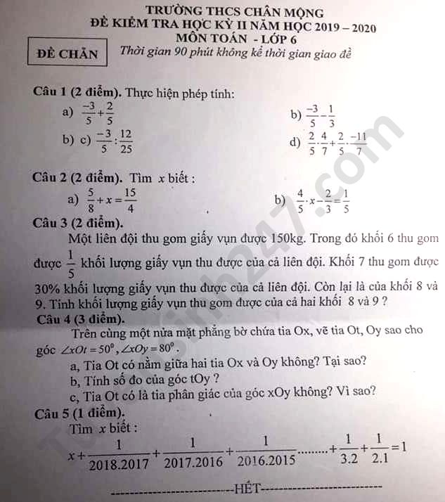 Đề thi học kì 2 THCS Chân Mộng năm 2020 môn Toán lớp 6