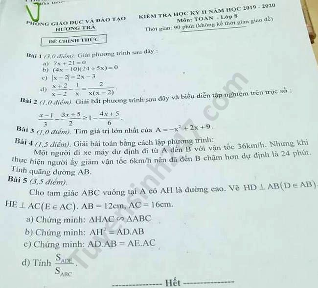 Đề thi học kì 2 Phòng GD Hương Trà môn Toán lớp 8 năm 2020