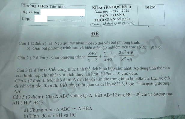 Đề thi học kì 2 năm 2020 THCS Tân Bình môn Toán lớp 8