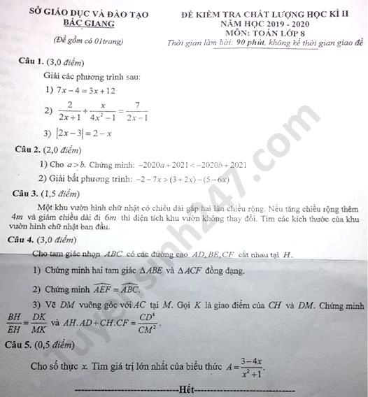 Đề thi học kì 2 lớp 8 môn Toán tỉnh Bắc Giang năm 2020