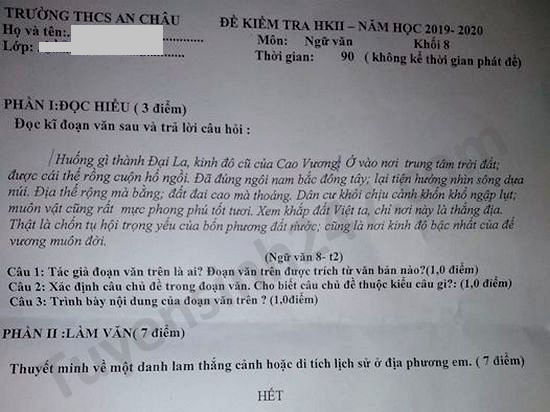 Đề thi học kì 2 môn Văn lớp 8 THCS An Châu năm 2020 