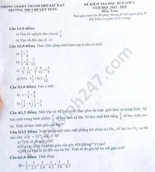 Đề thi học kì 2 môn Toán lớp 6 năm 2020 THCS Huyền Tụng 