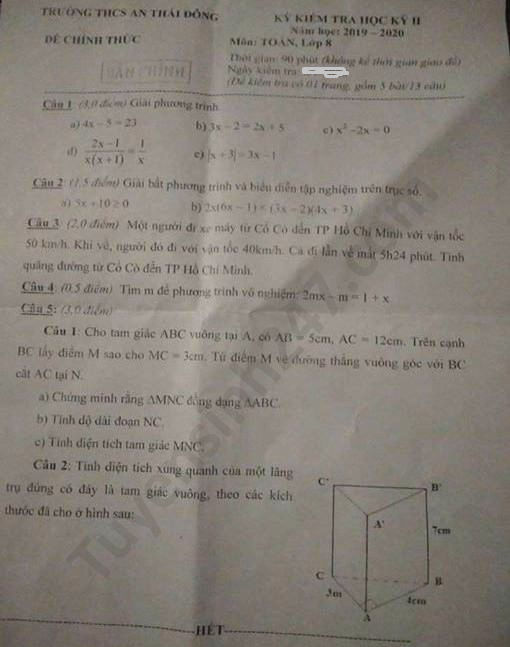 Đề thi học kì 2 môn Toán lớp 8 năm 2020 THCS An Thái Đông 