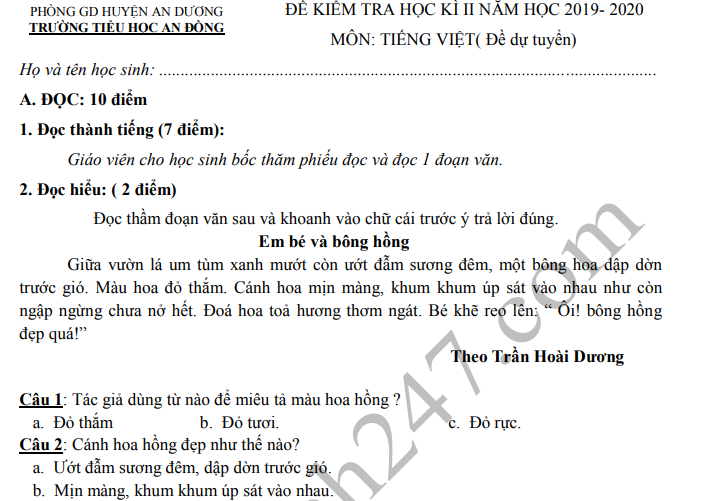 Đề thi kì 2 môn Tiếng Việt lớp 1 - TH An Đồng 2020