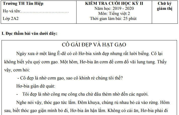 Đề thi kì 2 lớp 2 môn Tiếng Việt 2020 - TH Tân Hiệp