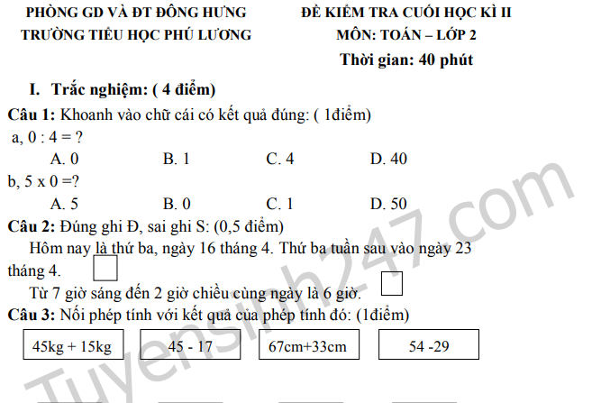Đề thi kì 2 môn Toán lớp 2 - TH Phú Lương 2020