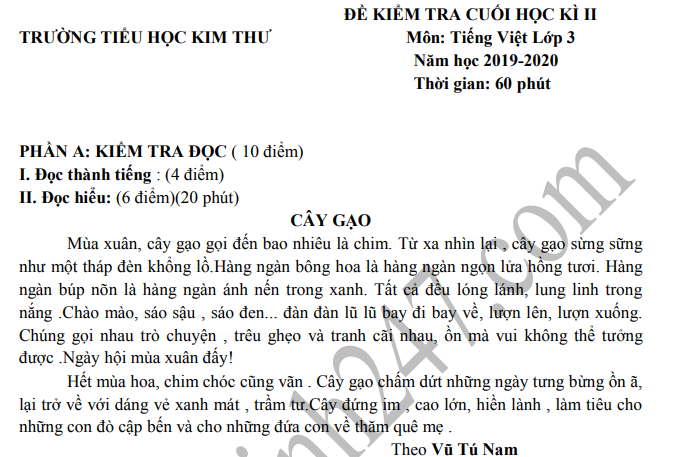 Đề thi kì 2 lớp 3 môn Tiếng Việt - TH Kim Thư 2020